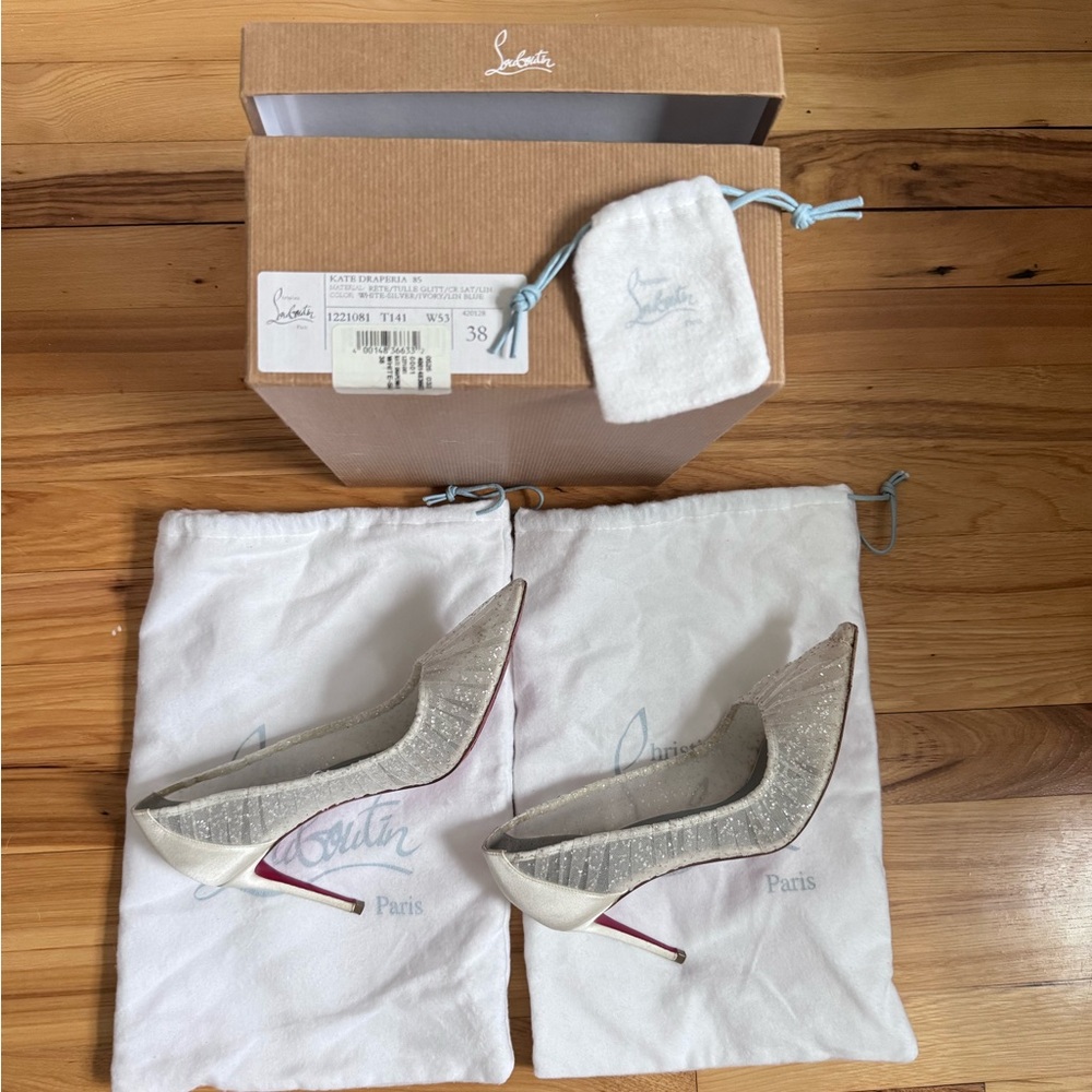 SOLD ‼️Christian Louboutin Kate Draperia 85 White Glitter Tulle Bridal Low Heel - Picture 12 of 16